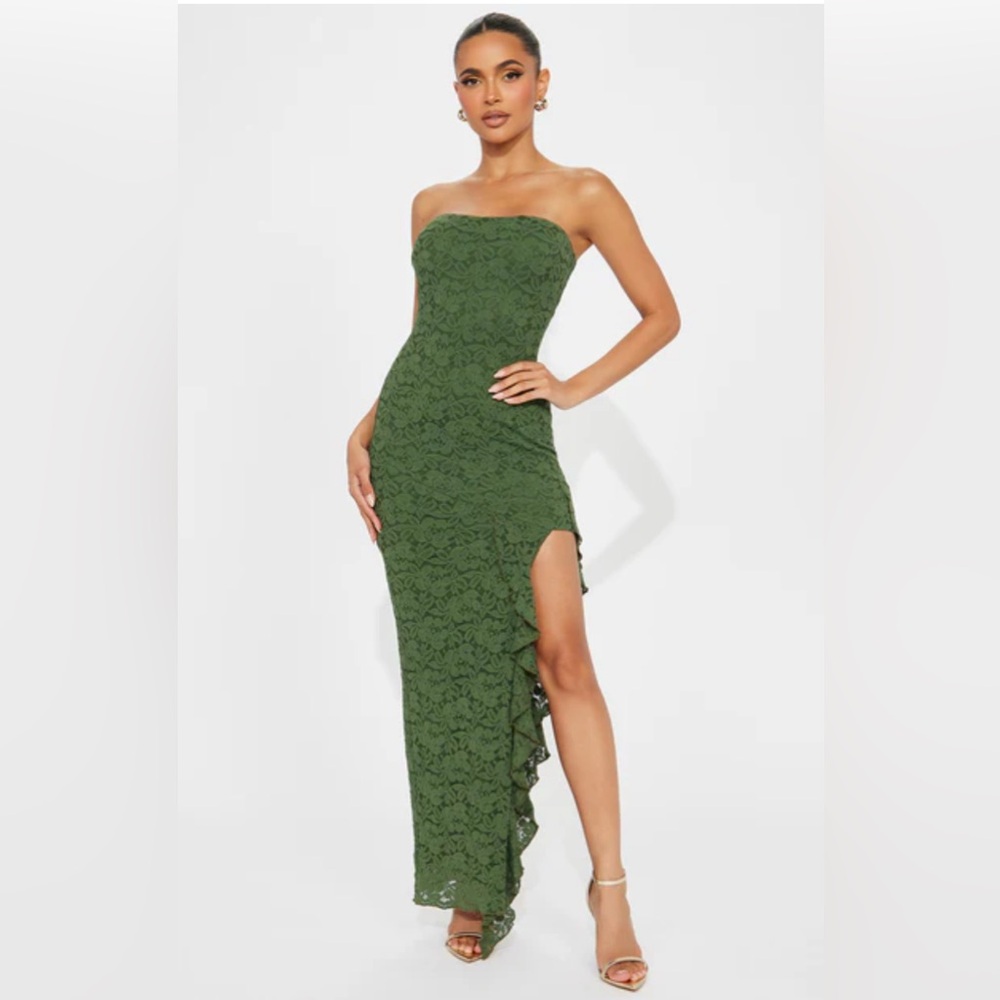 Fashion Nova Olive  lace strapless Maxi dress SZ M